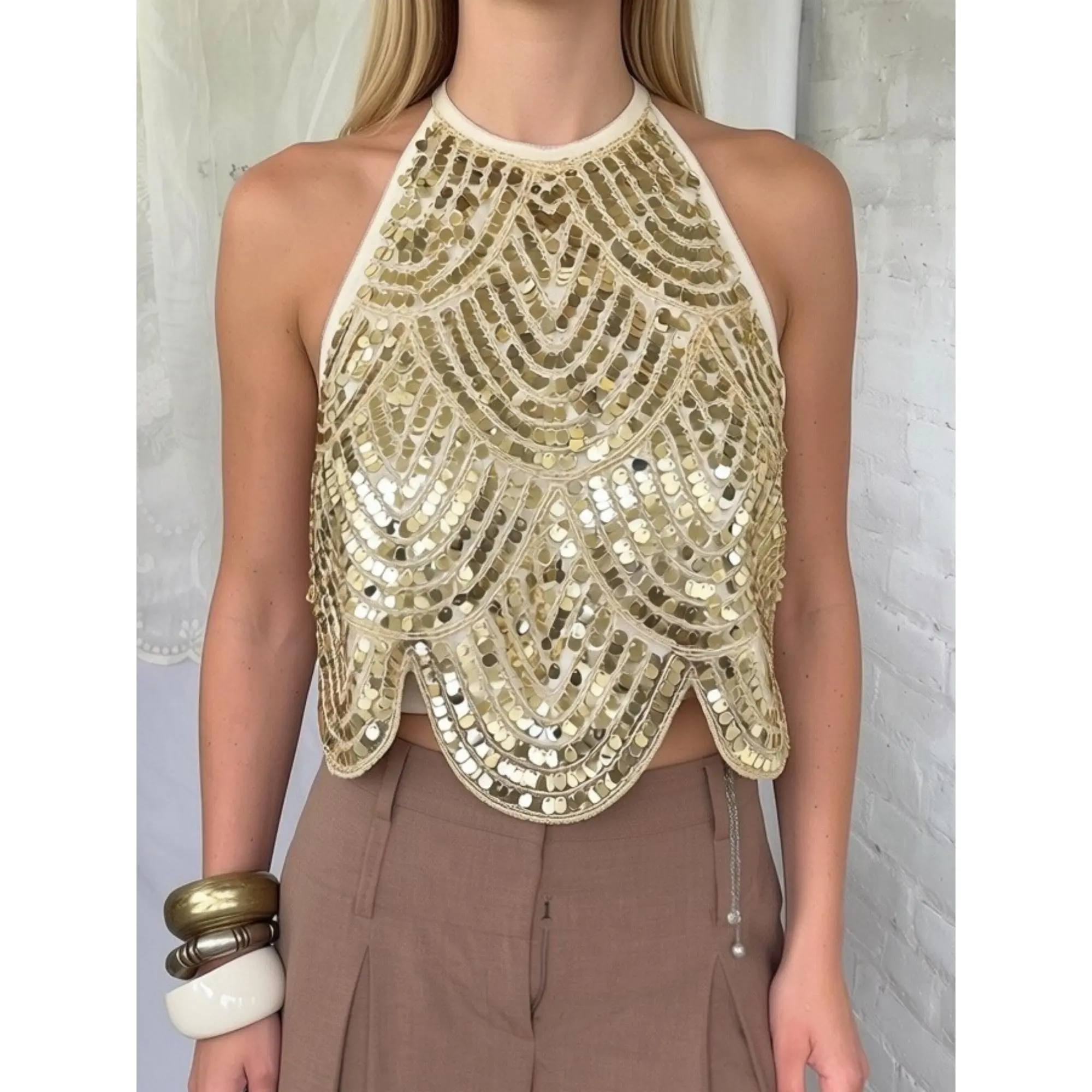 Sparkle Sequins Halter Tops y2k Women Sleeveless Party Cropped Vest T Shirt for Summer Festivals