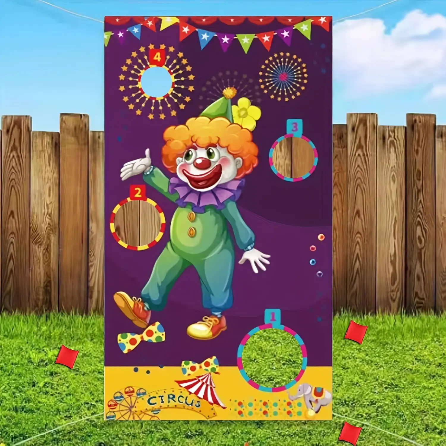 Circus Clown Bean Bag Toss Game Banner with 1 Sandbag, Carnival Party Decoration Games for Adults, Indoor Outdoor Hanging Toss Game Set Birthday Party Supplies Birthday Party Backdrop 29.5 x 53 Inch