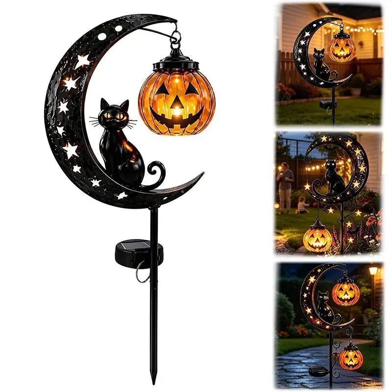 Solar Halloween Cat Pumpkin Moon Stake Light, Outdoor Decorative Garden Ambiance Lamp, Perfect for Halloween Yard, Patio, Lawn, Pathway