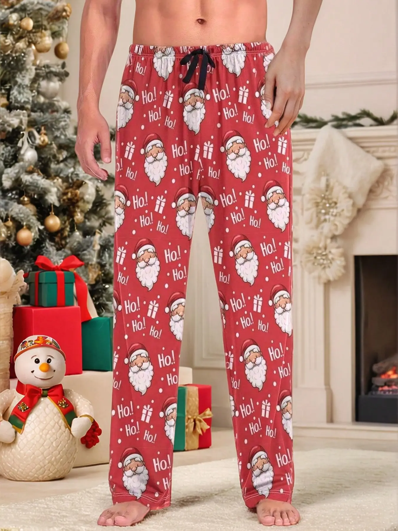 Men's Christmas-Themed Sleep Pants, Santa Claus Full-Print Long Sleepwear, Fake Drawstring Design, Perfect for Holiday Home Comfort