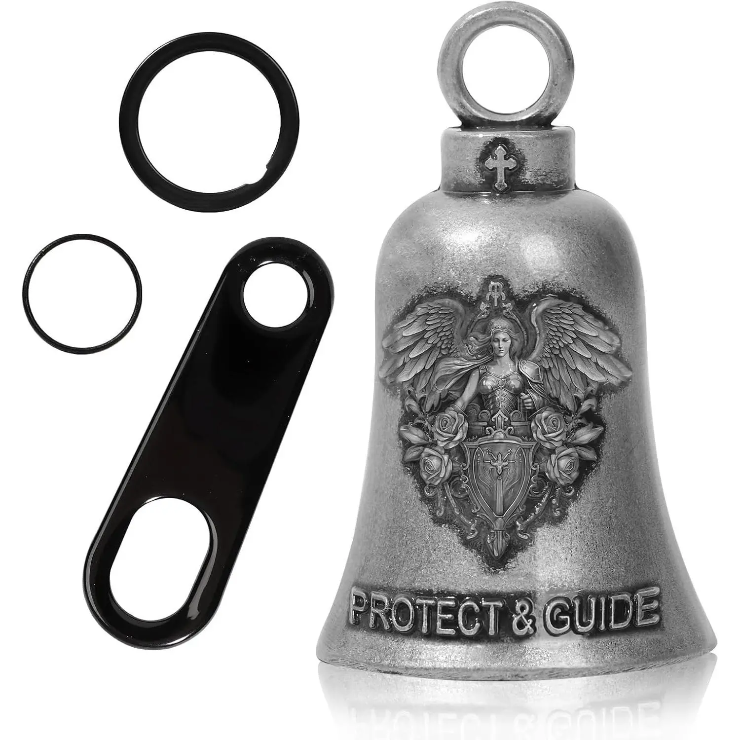 Motorcycle Guardian Angel Bell, Zinc Alloy Spiritual Good Luck Charm for Bikers, Unisex Rider Gift Set with Hanger and Key Rings, Gift Box, Anti-Corrosion, Angel Figure, Exorcise Evil Spirits, Safety, Protection, Angelic