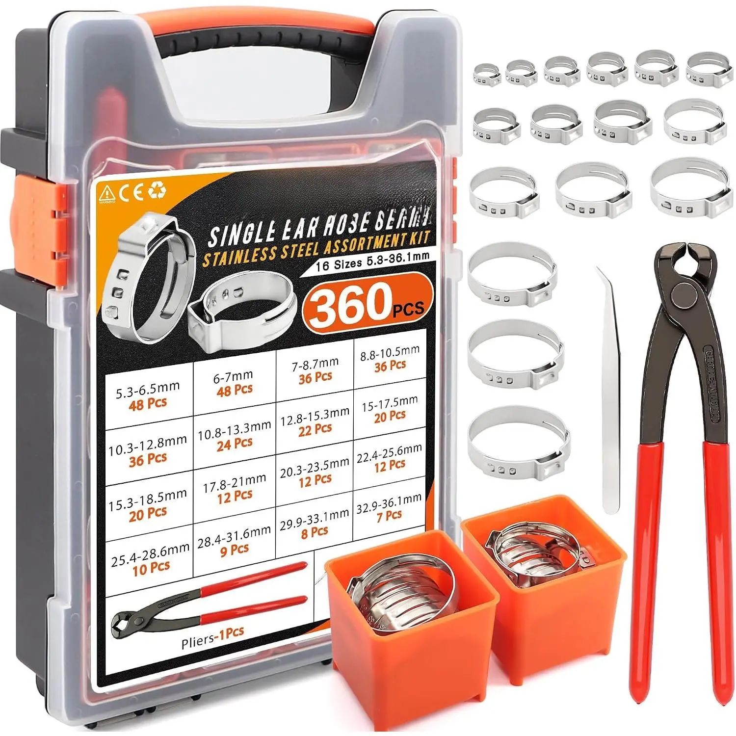 360 count 304 Stainless Single Ear Hose Clamp Kit with Pliers for PEX & Auto | 16 Size Leak-Proof Oetiker Style Crimp Clamps,Rustproof 304 SS for  Lines, Marine &  Plumbing,Stop Leaks Forever