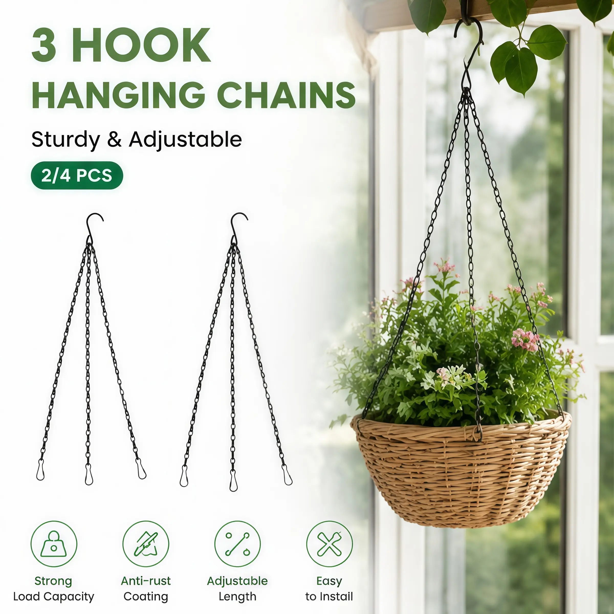 Black 3 Hook Plant Hanger Chain Replacement, Metal Hanging Basket Chain with Swivel Eye Buckle & S Hooks, Adjustable Hanging Chain for Flower Pots, Planters, Baskets, Bird Feeders and Outdoor Garden Decorations (2/4 Pack)