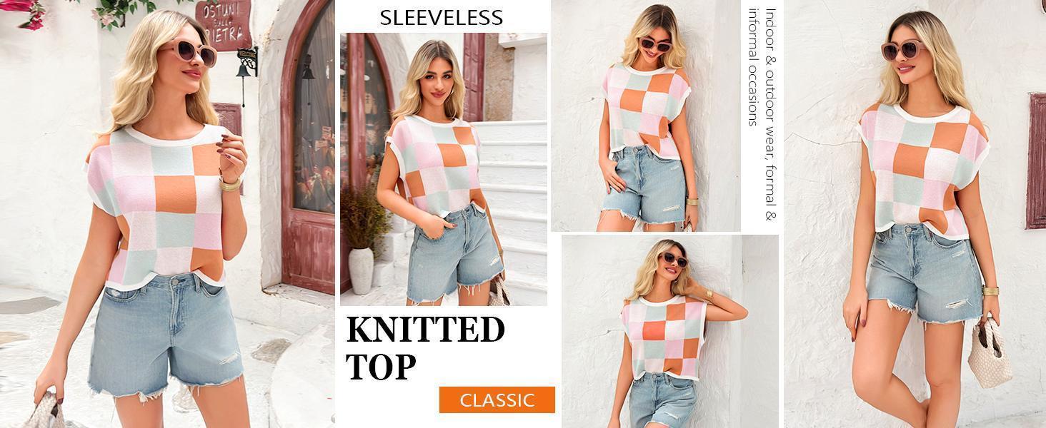 Imily Bela Womens Cap Sleeve Crop Tops Summer Color Block Going Out Crew Neck Knit Trendy Casual Sweater in Brown & Beige