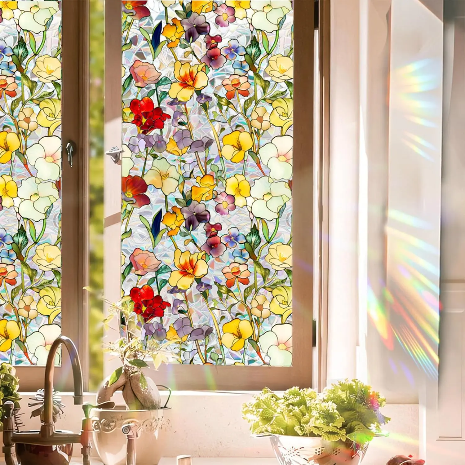 Retro Magnolia Floral Stained Glass Window Film - PVC Synthetic Static Cling Sticker Decal, Sun Blocking, UV Blocking, Rainbow Effect Decoration for Car Sunroof, Living Room (H, 17x39.37in)