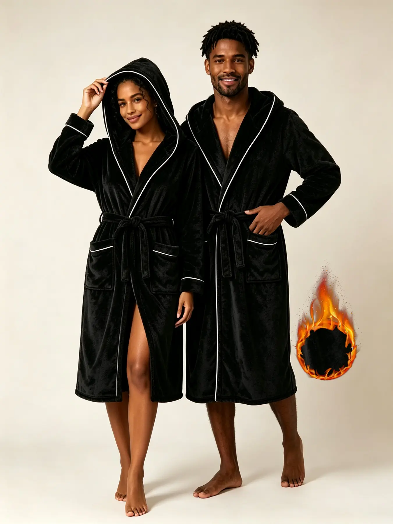 Couple Matching Hooded Bathrobe, Tie Waist Design, Soft Skin-Friendly Hood, Multiple Colors Available, Perfect for Home and After Shower