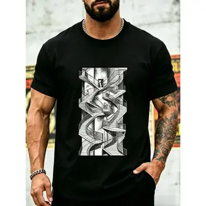Men'S MC Escher Print T-Shirt - Mathematical Patterns And Optical Illusion Design, Regular Fit Mesh Breathable Fabric, All-Season Casual Wear, Outdoor Use - Iconic Artist Fan Choice