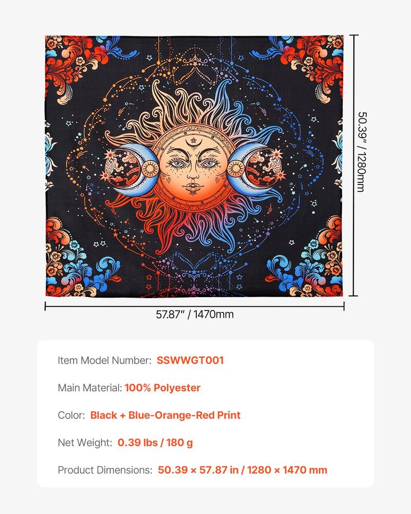 VEVOR Sun and Moon Tapestry, Psychedelic Mystic Floral Aesthetic Wall Tapestry, Vintage Wall Blanket for Home Decoration, Suitable for Bedroom, Living Room, Dorm (50.39 x 57.87 inches)