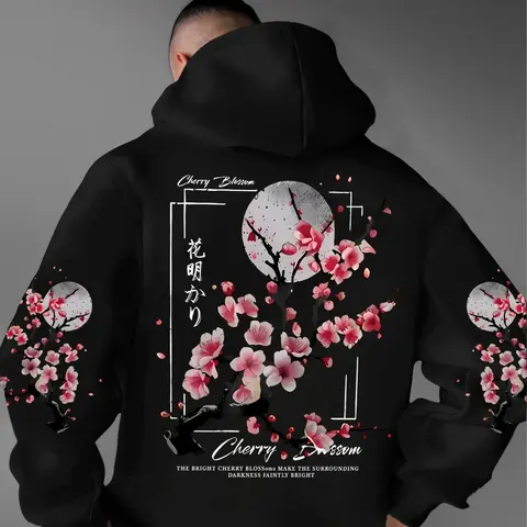 Unisex Long Sleeve Casual Print Hoodie with Cherry Blossom Moon Ink Design, Loose Fit Top for All Seasons, Streetwear Style