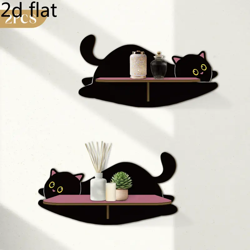 2 Pcs 2D Flat Cat Wall Mounted Shelf, Cute Cat Themed Wall Storage Rack, Space-Saving Floating Shelves for Crystal, Books, Photos, Decorative Wall Organizer Gift for Cat Lovers, Home Decor Decoration for Living Room Bedroom