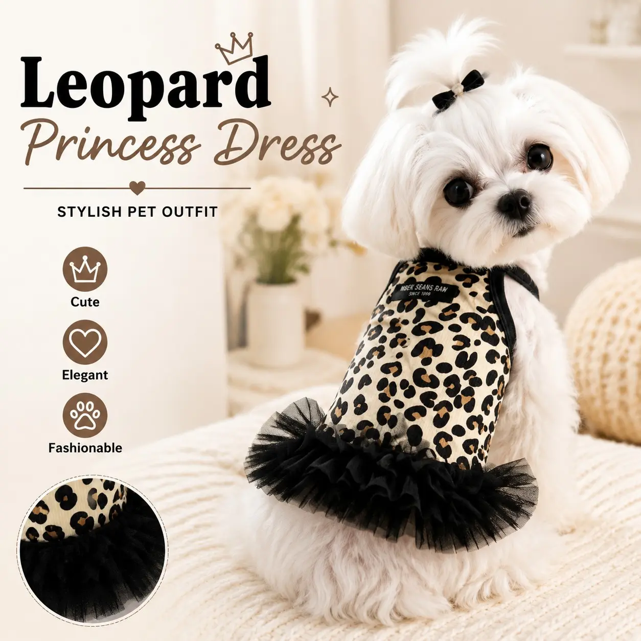Leopard Print Dog Dress, Cute Princess Tulle Skirt, Stylish Puppy, Soft Sleeveless Dress, Fashion Party Costume for Small Dogs, Puppy Clothes