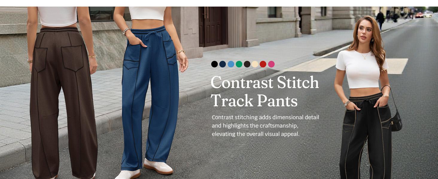 Aoysky Womens Baggy Barrel Wide Leg Pants Casual Drawstring Elastic Waist Contrast Stitch Workout Sweat Pants with Pockets