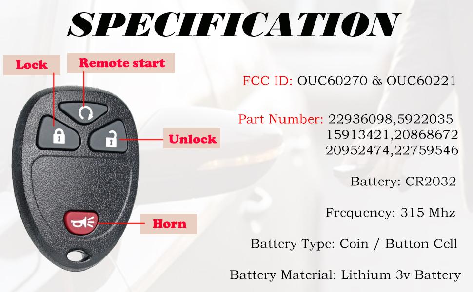 Keyless Entry Remote Control Key Fob Replacement Fits Chevy Silverado Avalanche Equinox Express Traverse GMC Yukon Sierra 1500 2500 3500 HD Acadia 2007 2008 2009 2010 2011 2012 2013 OUC60270