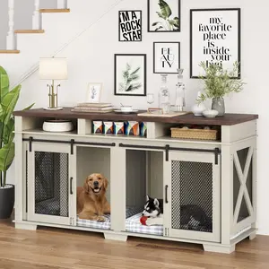 GARVEEHeavy Duty Indoor Dog Crate Furniture for Two Dogs, 71" Large Kennel with Removable Divider, Three Storage Compartments, and Furniture Style Design in White