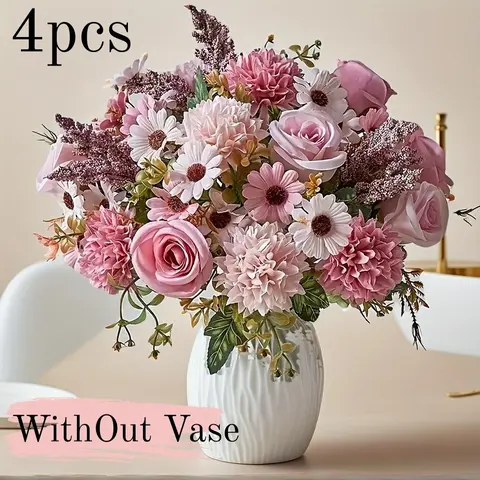 4PCS Elegant Peony & Rose Artificial Flower Set, Decorative Floral Decoration, Faux Flowers, Light Hydrangea Accents, Elegant Flower Design, Perfect for Home, Living Room, Holidays, Weddings, No Container Included