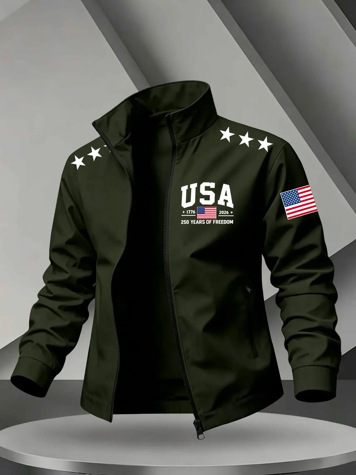Men Stand Collar Zip Windproof Bomber Jacket, USA 250 Years of Freedom Star American Flag Print Lightweight Casual Coat With Zipper Side Pockets For Travel Driving Daily Street Trendy Outerwear #MensJacket #USFlagPrintCoat #LightWindbreaker