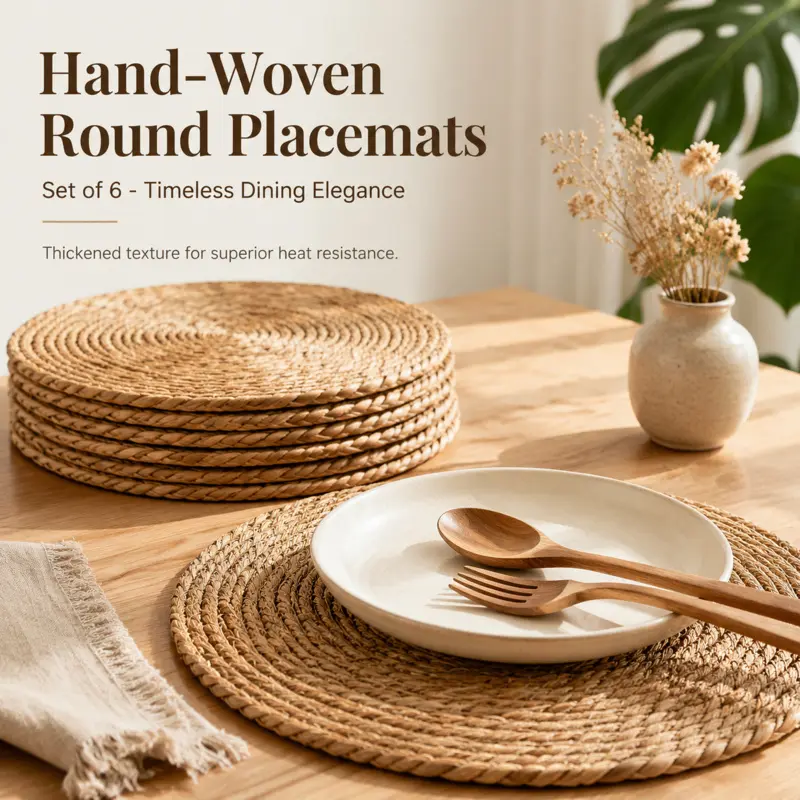 6 pack round hand woven water hyacinth placemats Boho Placemats Set thick heat resistant natural rattan table mats non slip washable boho farmhouse table decor Kitchen Decorative Placemat for dining table kitchen party wedding