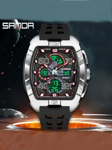 SANDA 5110 Original Cyberpunk Mecha Watch Men's Multi-function Dual Display Digital Watch Tonneau  Men's Sportive Analog-digital Quartz Watch, Fashionable Waterproof Watch with Luminous & Alarm & Calendar Function, Watch with Box and Handline