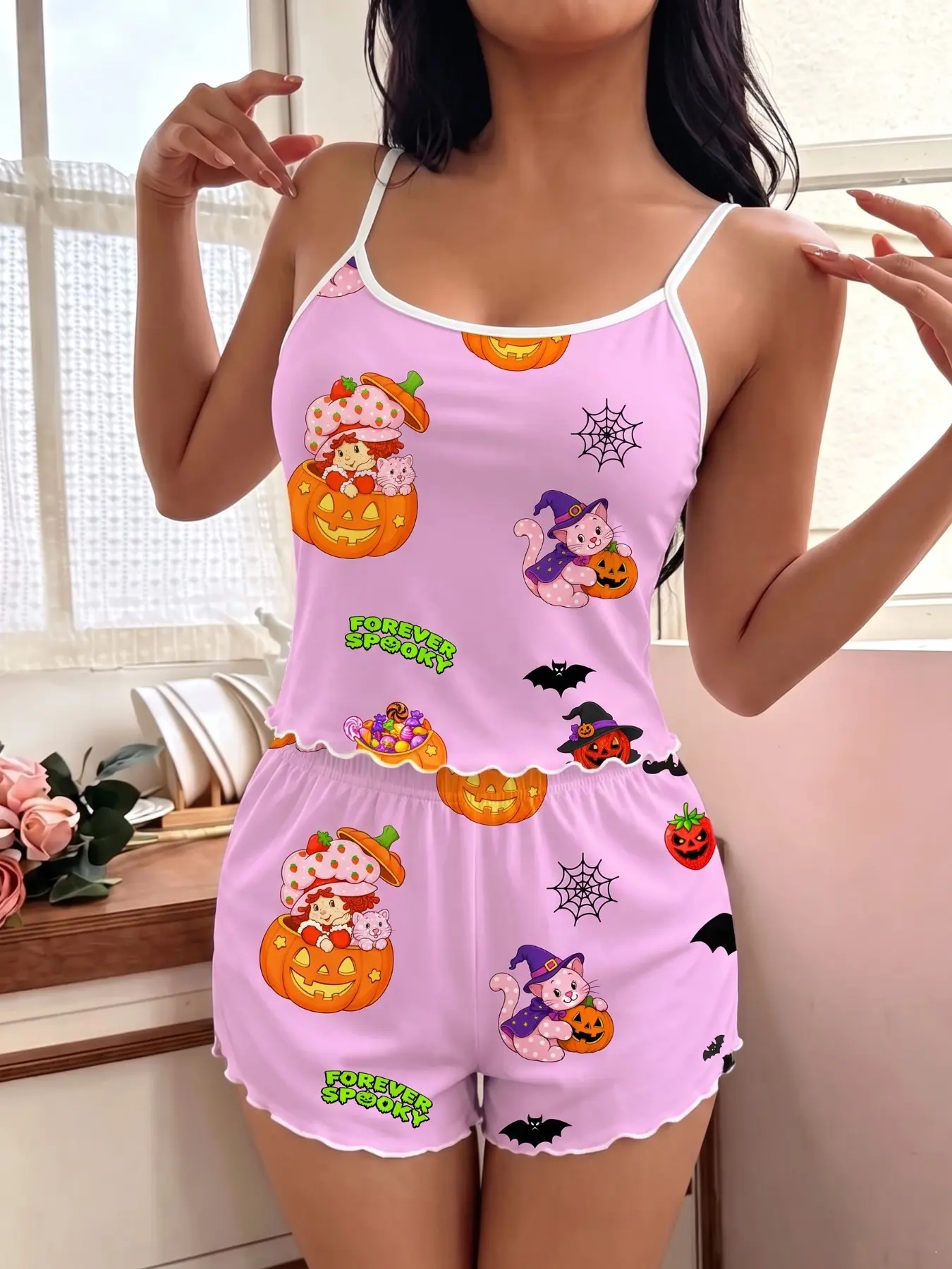 Women's Two-Piece Pajama Set, Strap Top & Loose Shorts, Halloween Strawberry Girl Pattern, Casual Home Wear, Comfortable Sleepwear