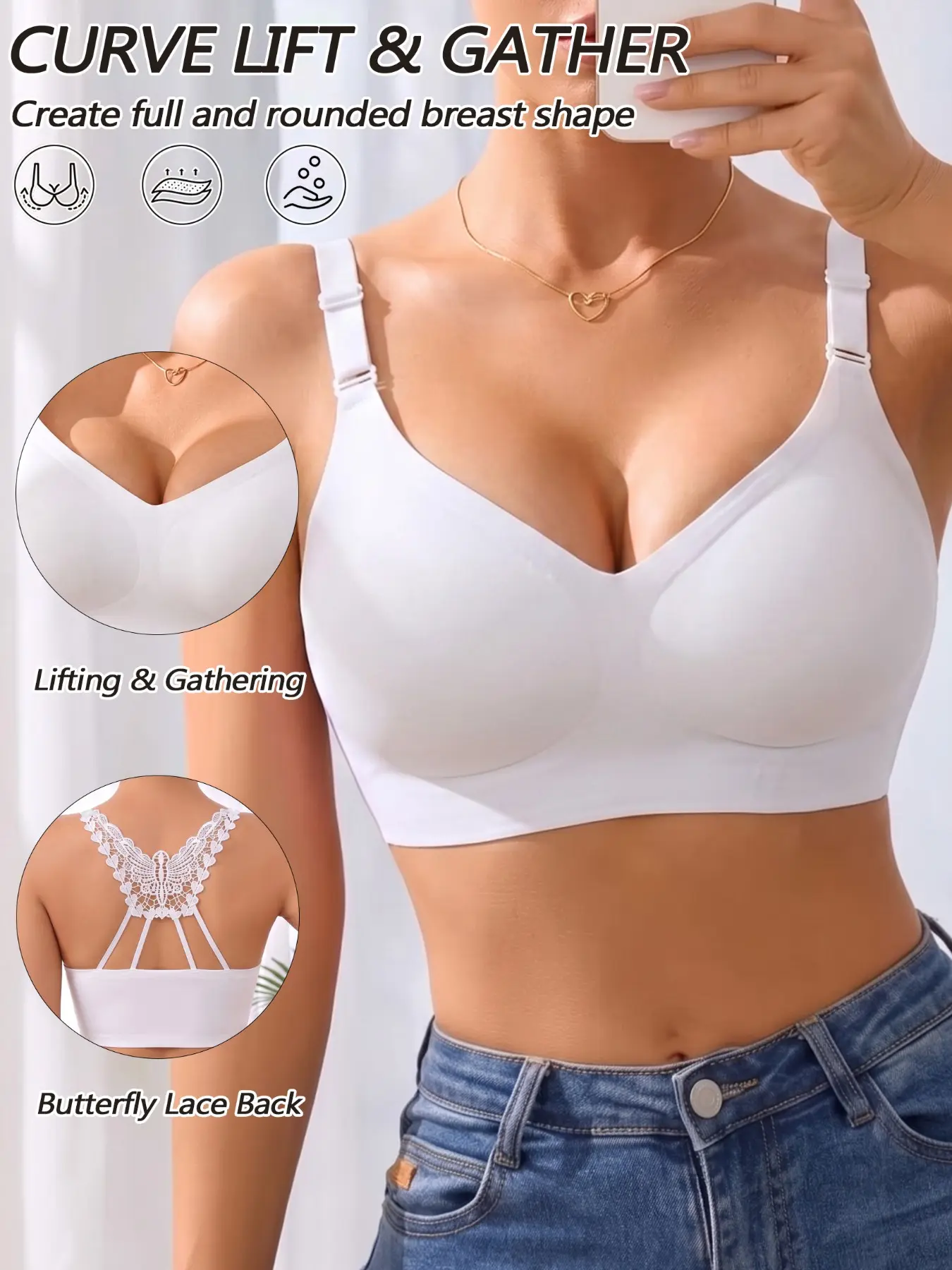 Seamless Lace Racerback Bra For Backless Outfits, Invisible Push Up Wireless Bralette, Stretchy No Show Support For Off Shoulder Wear