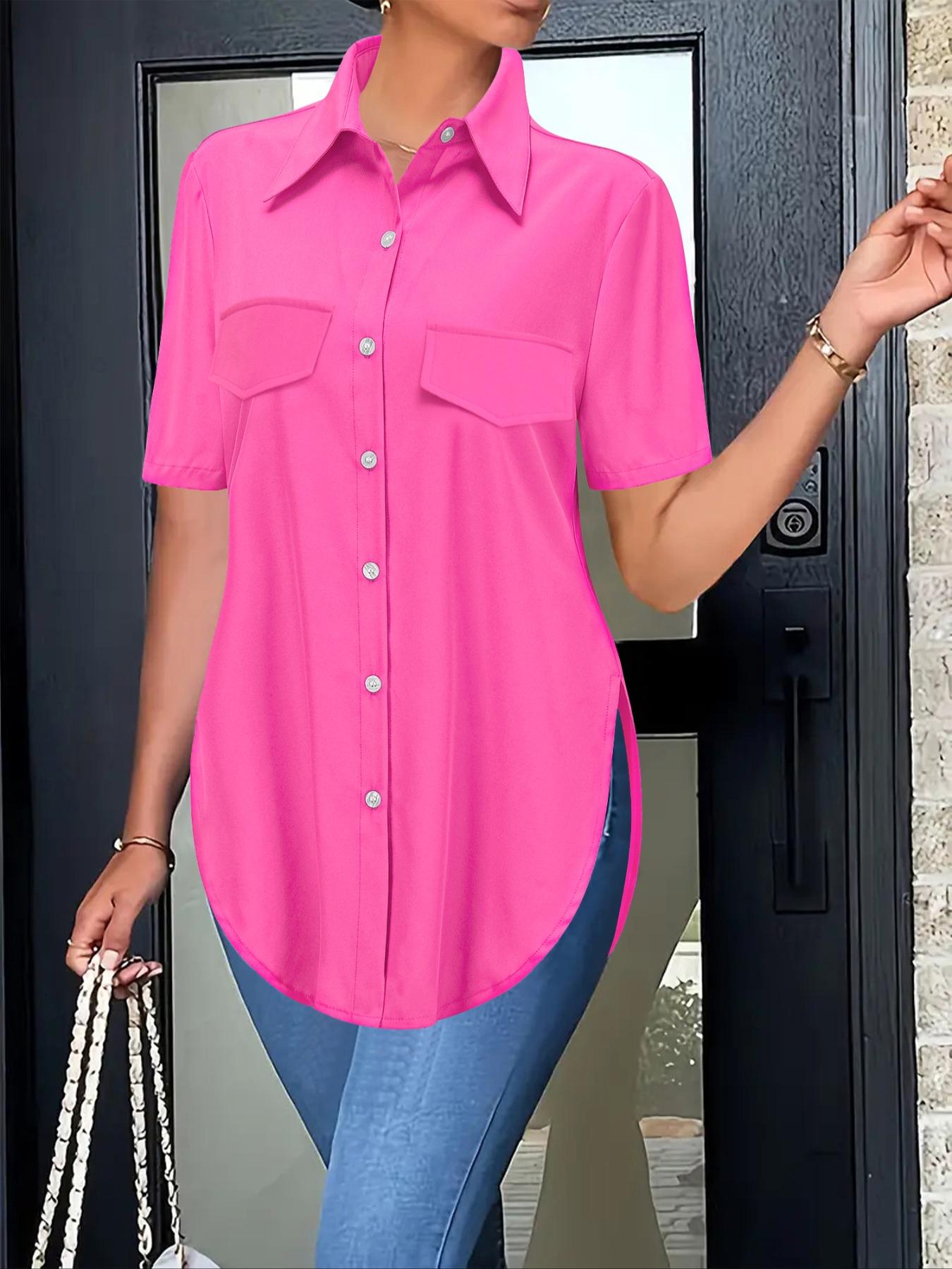 Women's Plain Short Sleeve Button Shirt, Casual Top for Daily Wear, Ladies Clothes for Summer