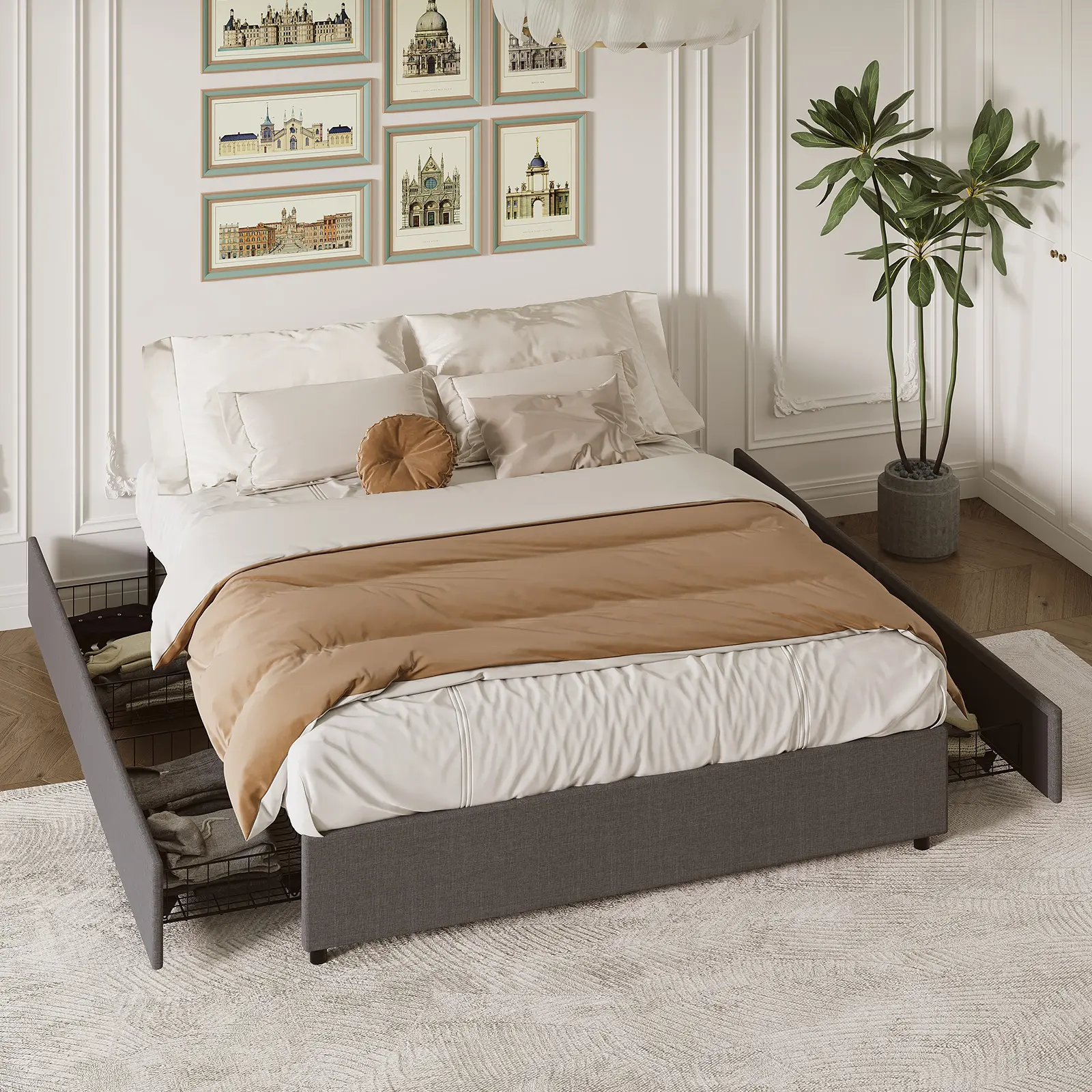 Linen Upholstered Platform Bed with 4 Storage Drawers – Strong Wooden Slats, Noise-Free, No Box Spring – King/Queen/Full – Dark Gray/Light Gray