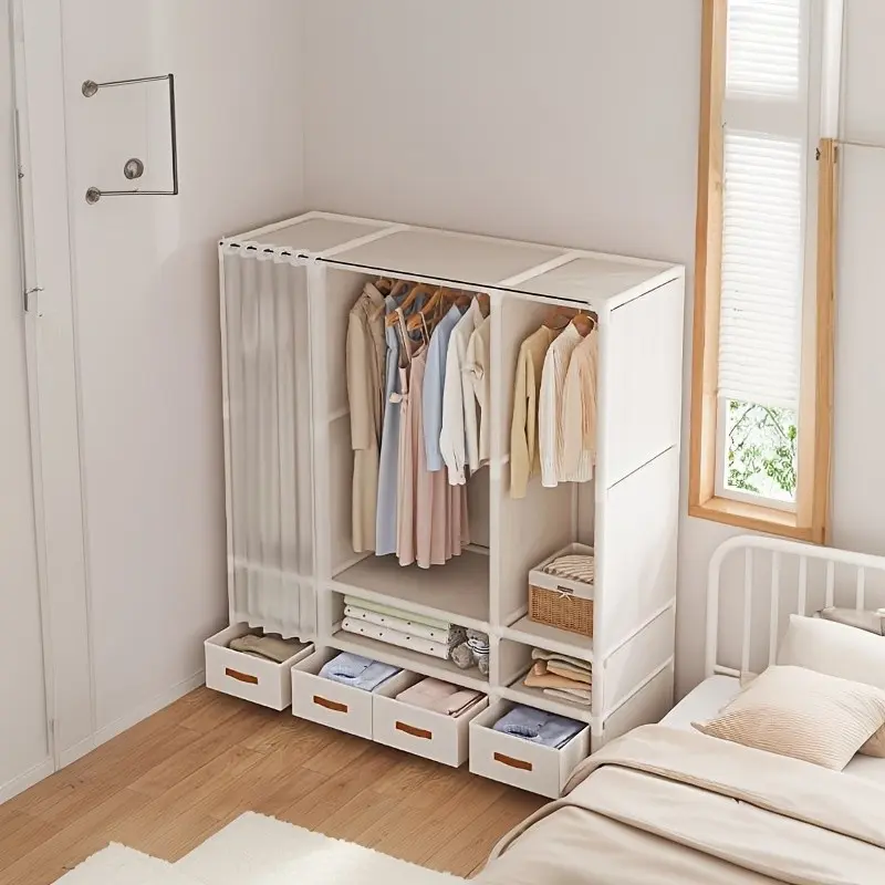 Portable Wardrobe with 4 Drawers Portable Wardrobe, 57' Large Portable Wardrobe for Hanging Clothes, Clothes Storage And Organiser with 3 Hanging Rods And 6 Shelves, Freestanding Wardrobe for Bedroom, Living Room, White