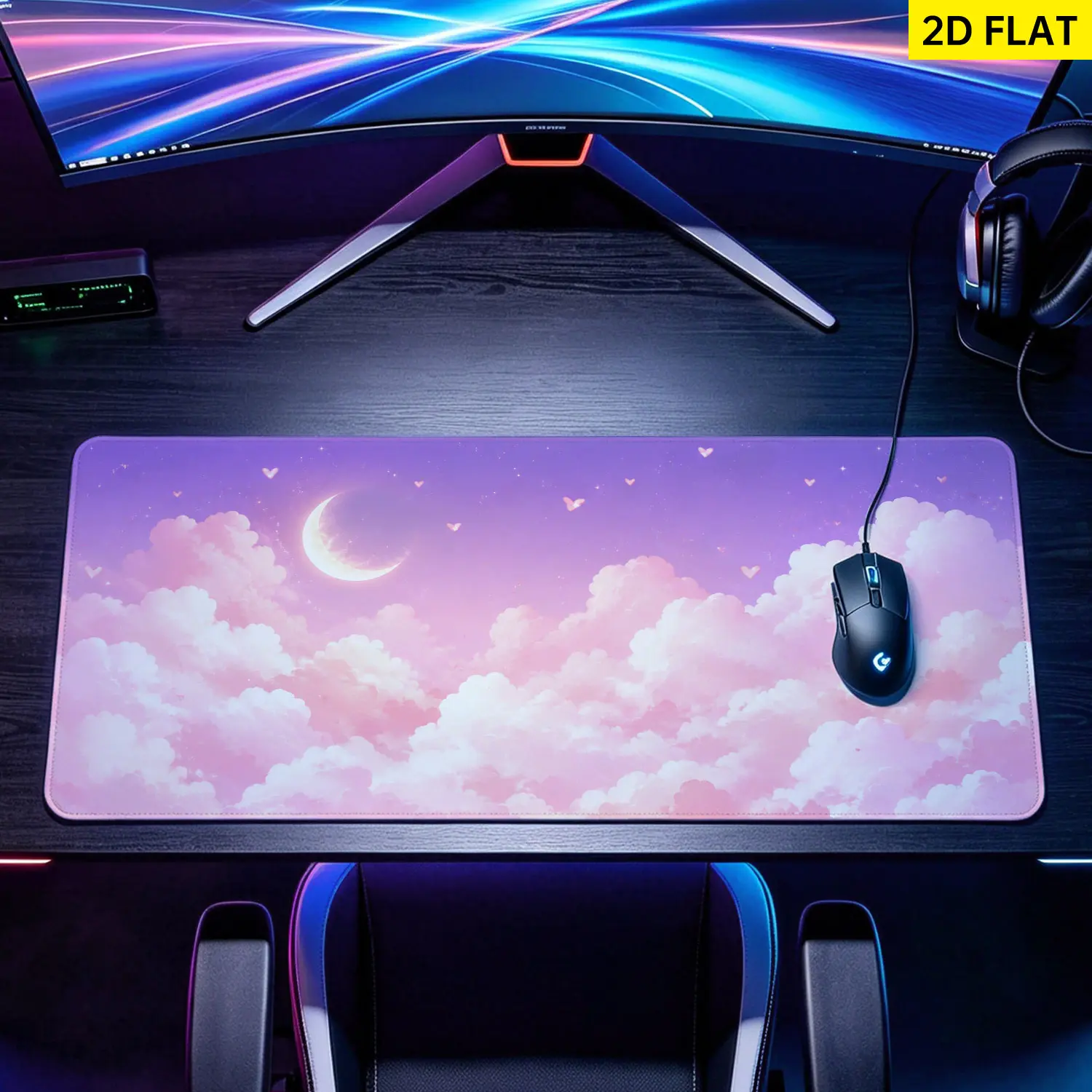 Extra Large dreamy pink cloud crescent moon Mouse Pad, Non Slip Rubber Pad, Desktop Decoration Drotection Pad, Washable, Lock Edge Multi Size, Premium Multipurpose Mousepad For Home, Office, Gift for Family and Friends