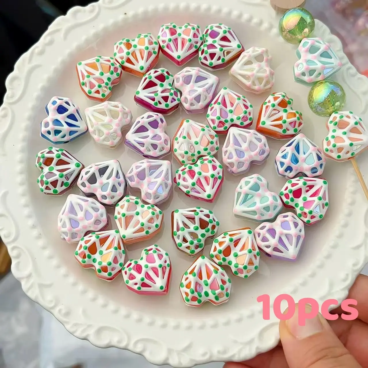 10pcs Dreamcatcher Heart Beads, Hand-Painted Colorful Rhombus Cut Decorative Beads, DIY Beading Accessories, Beads For Crafts, DIY Craft Kit for Keychains, Phone Chains, Backpacks