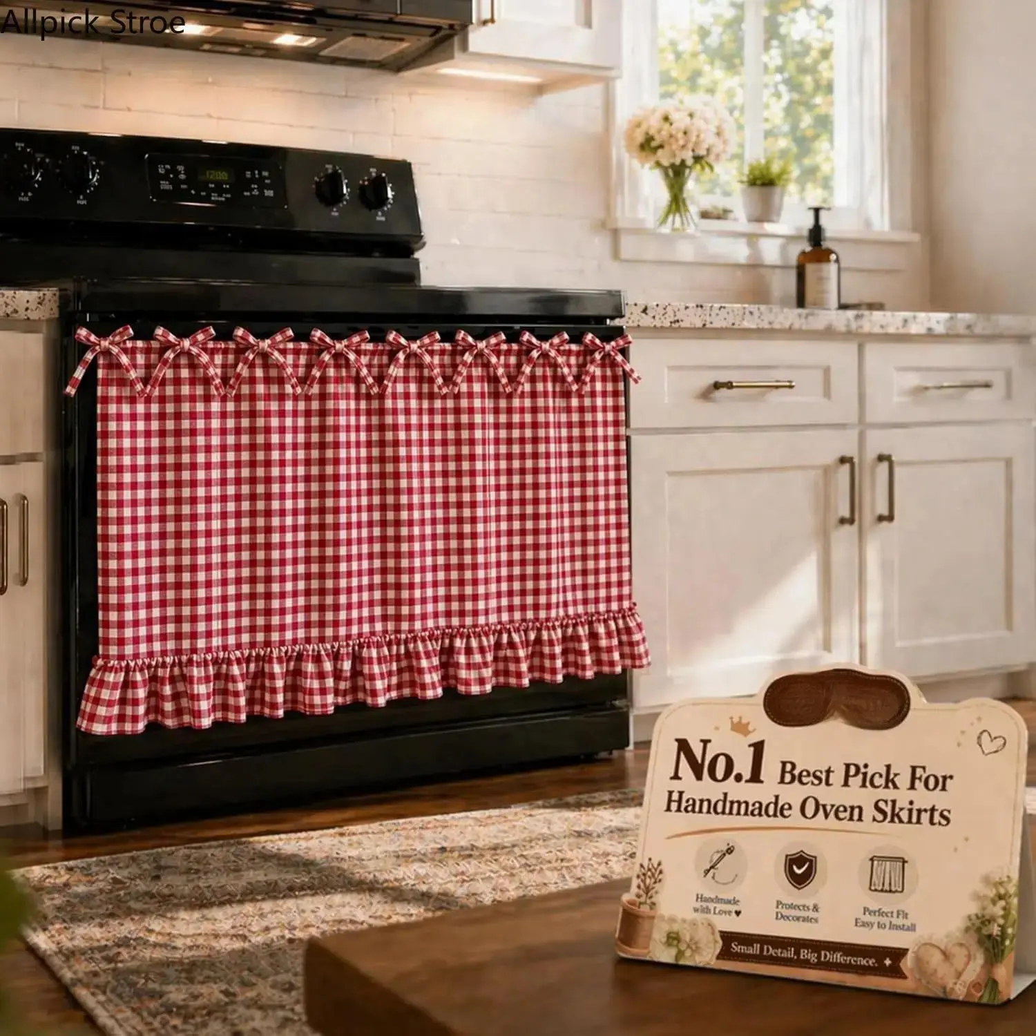 Black & White Gingham Oven Skirt, Farmhouse Stovetop Cover With Ruffled Bow, Handmade Cottagecore Easy Install Kitchen Home Decor Accessory