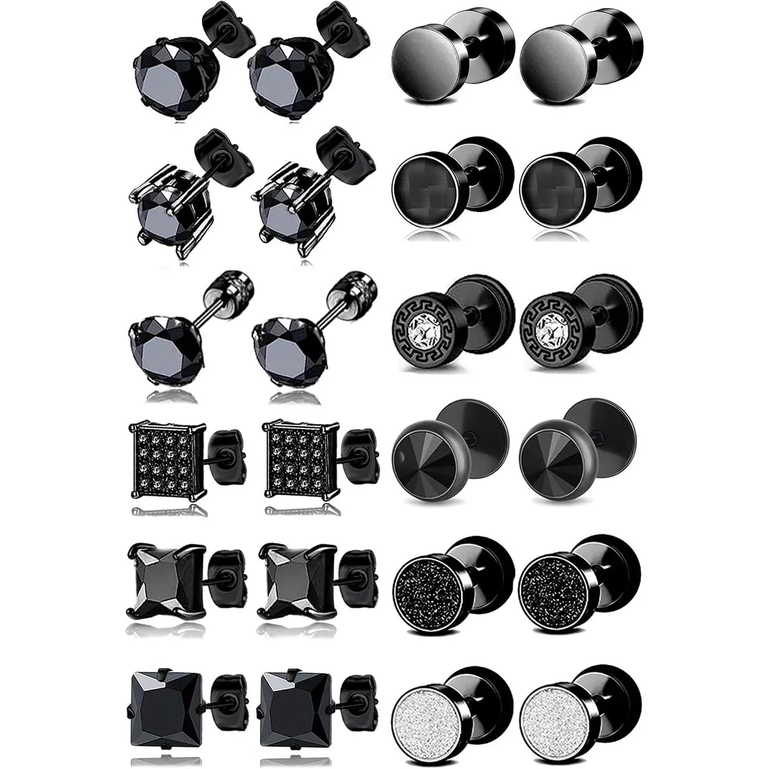 12 Pairs Stainless Steel Cubic Zirconia Stud Earrings Set for Men Women – 8mm Cartilage Barbell EarringsGift