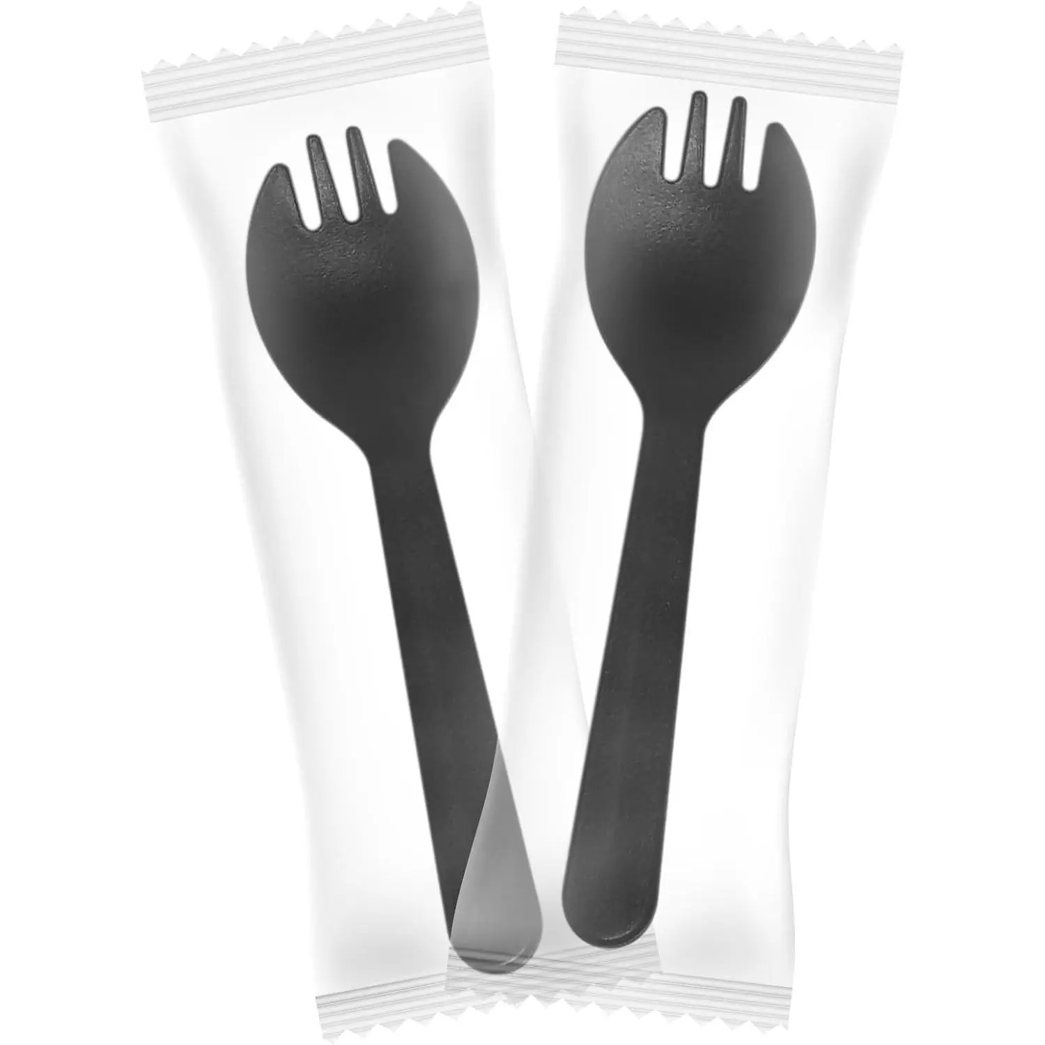 Mini Plastic Sporks Disposable Individually Wrapped, Black Forks and Spoons 2 in 1 Party  4.3" 100 count