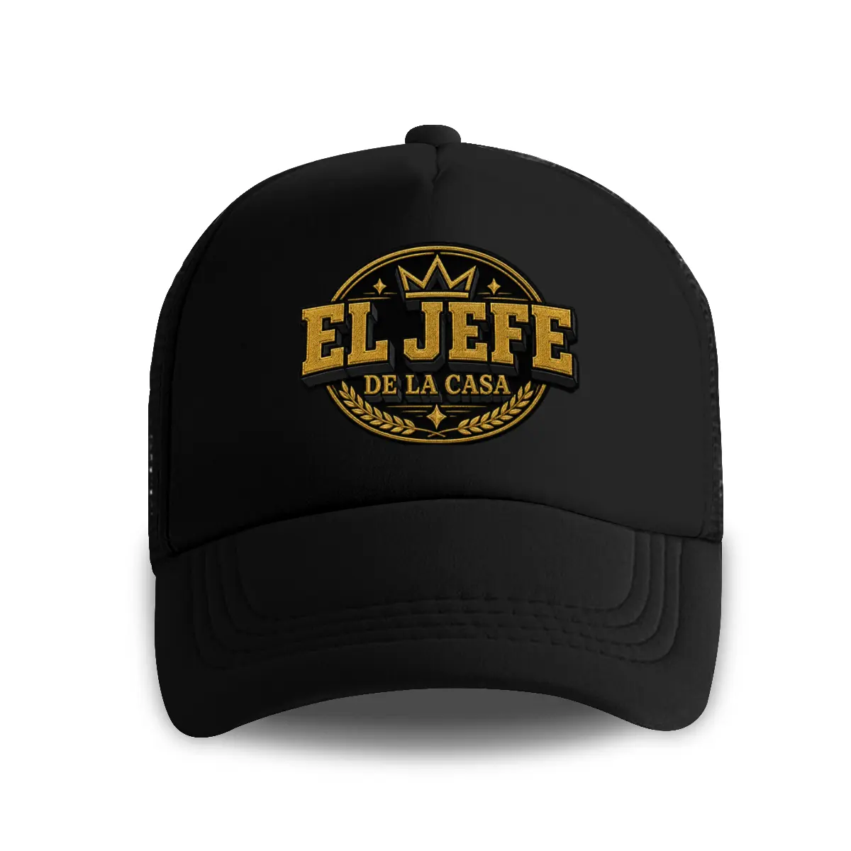 EL JEFE DE LA CASA Lettering Gold Emblem Casual Unisex 1 Size Dad Hat - Black Mesh, Adjustable Buckle Snapback, Curved Brim, Trucker Style Baseball Cap, Summer Beach Essential, 4th of July Accessory, Ideal Everyday Wear Gift, One Size, Father’s Day Gift
