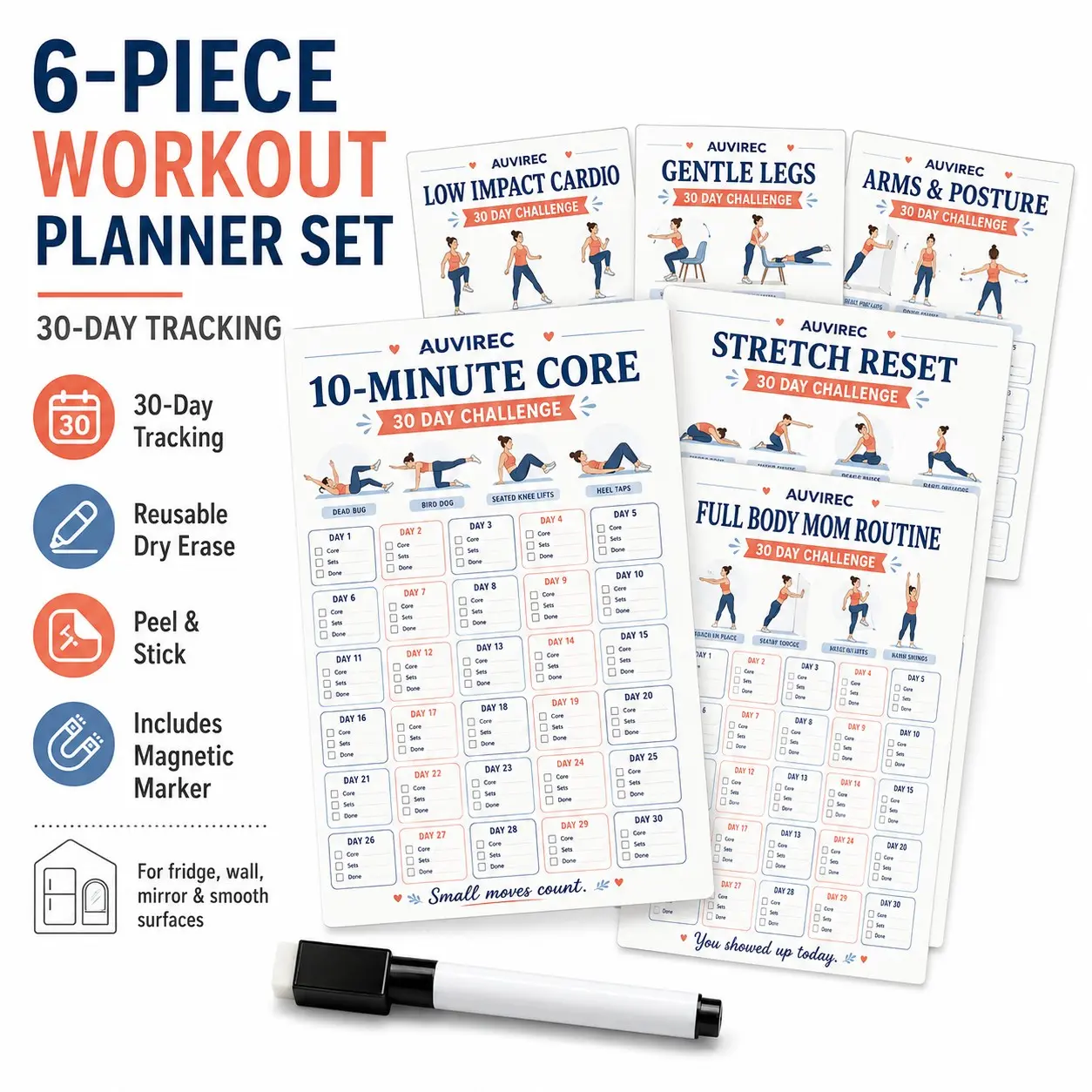 Auvirec 6-Piece Reusable Fitness Planner Set, 30-Day Home Workout Tracker, Pet Erasable Board with Marker, Ideal for Refrigerator/wall/mirror