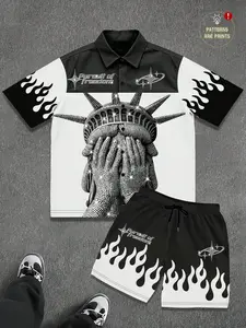 Men's Summer Casual Shirt and Shorts Set, Liberty Flame Print, Breathable Lightweight Fabric, Ideal for Daily Wear and Weekend