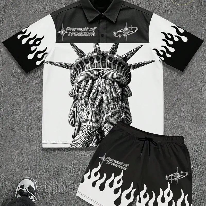 Men's Summer Casual Shirt and Shorts Set, Liberty Flame Print, Breathable Lightweight Fabric, Ideal for Daily Wear and Weekend, Casual Matching Sets