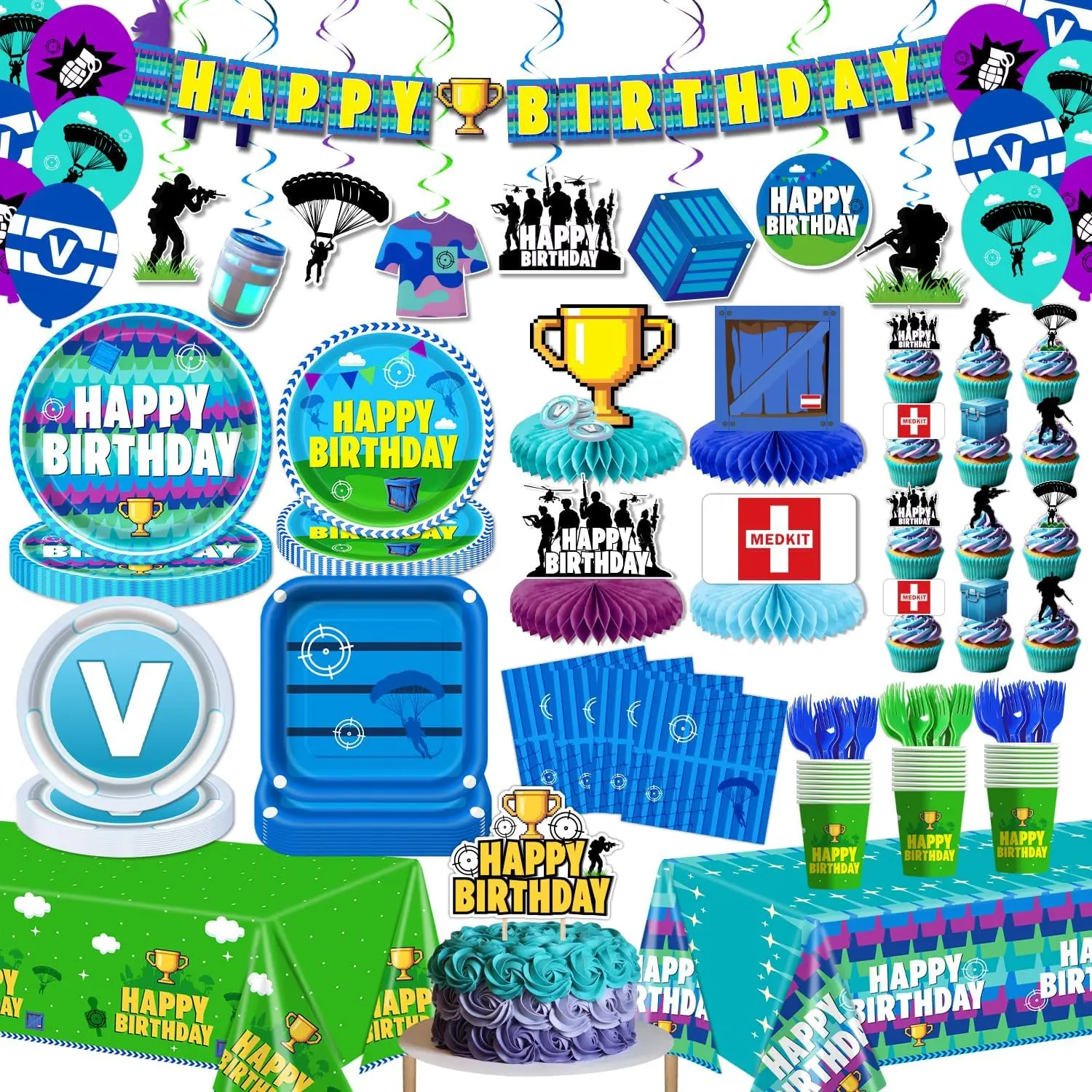 140Pcs Video Game Birthday Party Decorations Tableware Set Serves 20 Guests| Included Banner Plates Forks Napkins Cups Tablecloths Balloons Hanging Swirls Honeycomb Centerpiece Cake & Cupcake Toppers