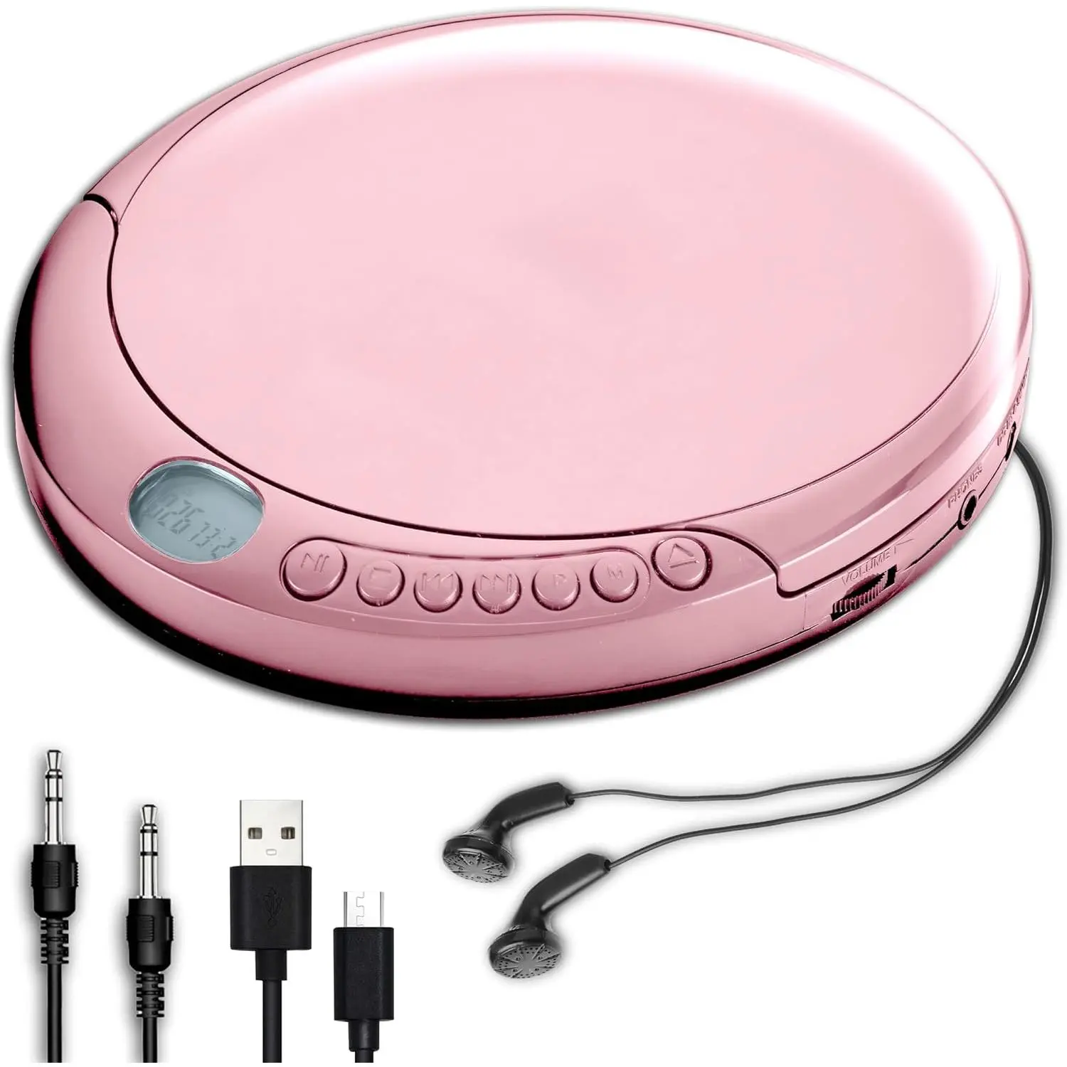 CD Player Portable with 60 Second Anti Skip, Stereo Earbuds, Includes Aux in Cable and AC USB Power Cable for use at Home or in Car.Pink