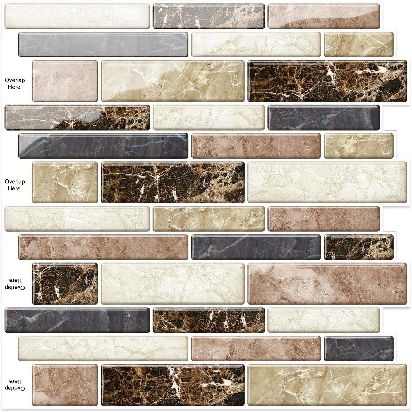 10 Sheets Peel and Stick Backsplash Tiles Marble Look Wall Tiles for Kitchen Bathroom Livingroom 12"x12" Brown