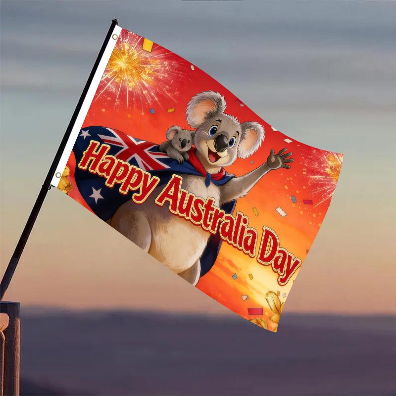 1-Pack 2D Flat Style Flag Featuring Cape with Kangaroo Mother & Australian National Flag, Decorated with Fireworks and Confetti - 2D Flat Printed National Day Theme Design - 3x5 Ft Single-Sided Hanging with Double Grommets