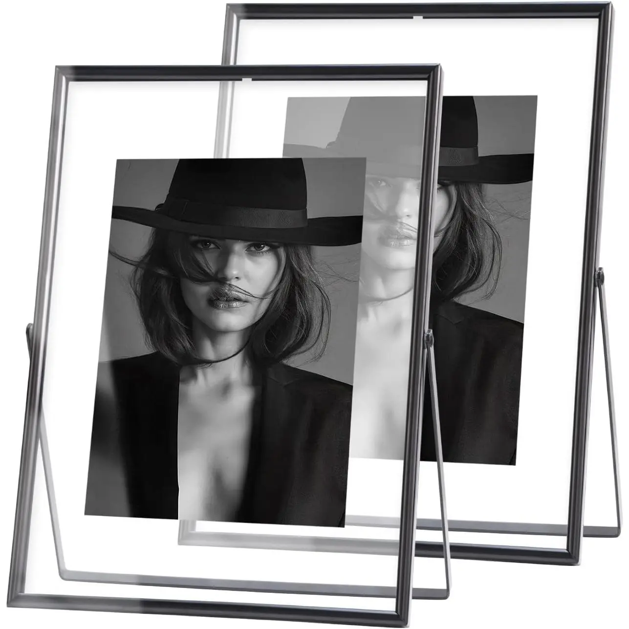 Modern Rectangular Steel & Glass 2-Pack Floating Picture Frames - Black, Multi-Size 5x7 Frame Fits 4x6, 3.5x5, 2x3 Photos, Wall Mount/Tabletop Display, Home Decor, Christmas Gift for Him/Her