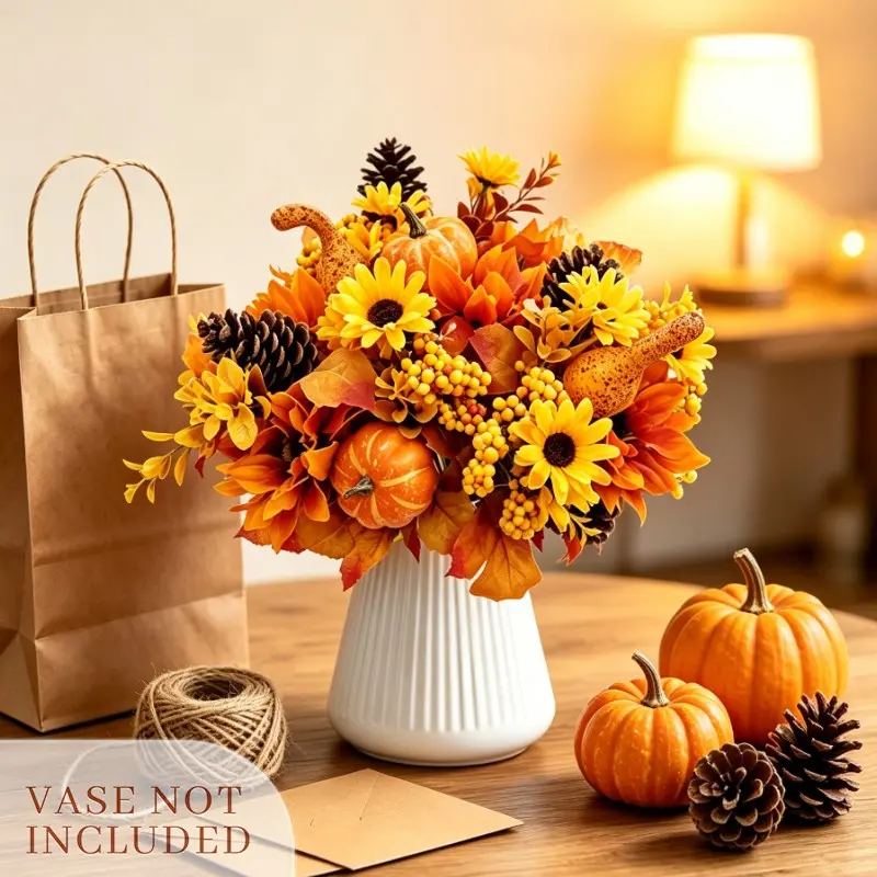 Artificial Flowers Bundle, 9 Pieces Full Dense Harvest Bouquet, Fall Decor with Pumpkins & Berries, Ideal for Events & Home Decoration