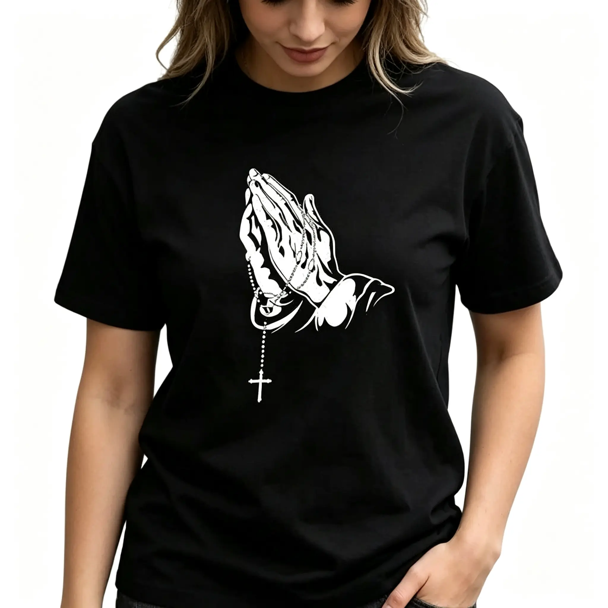 Praying Hands Rosary Cross Christian Faith Graphic Unisex Tee |   All-Season Breathable Top