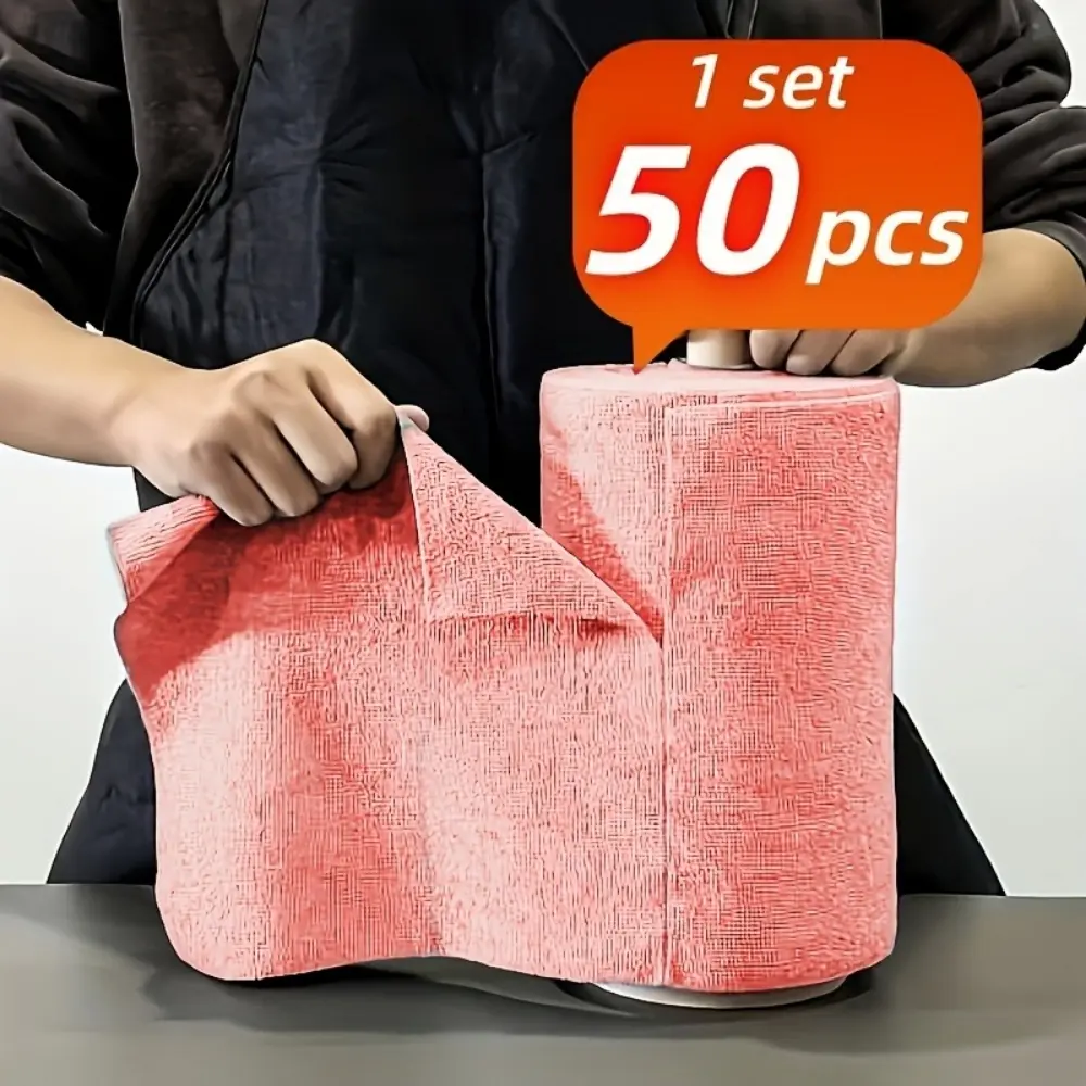 1 Roll (50 Sheets) Multicolor Reusable Microfiber Towel Roll, Tear-Off Individually Wrapped Cleaning Cloths, High Absorbent Quick Drying Heavy Duty Wipes for Kitchen Bathroom Outdoor RV Use