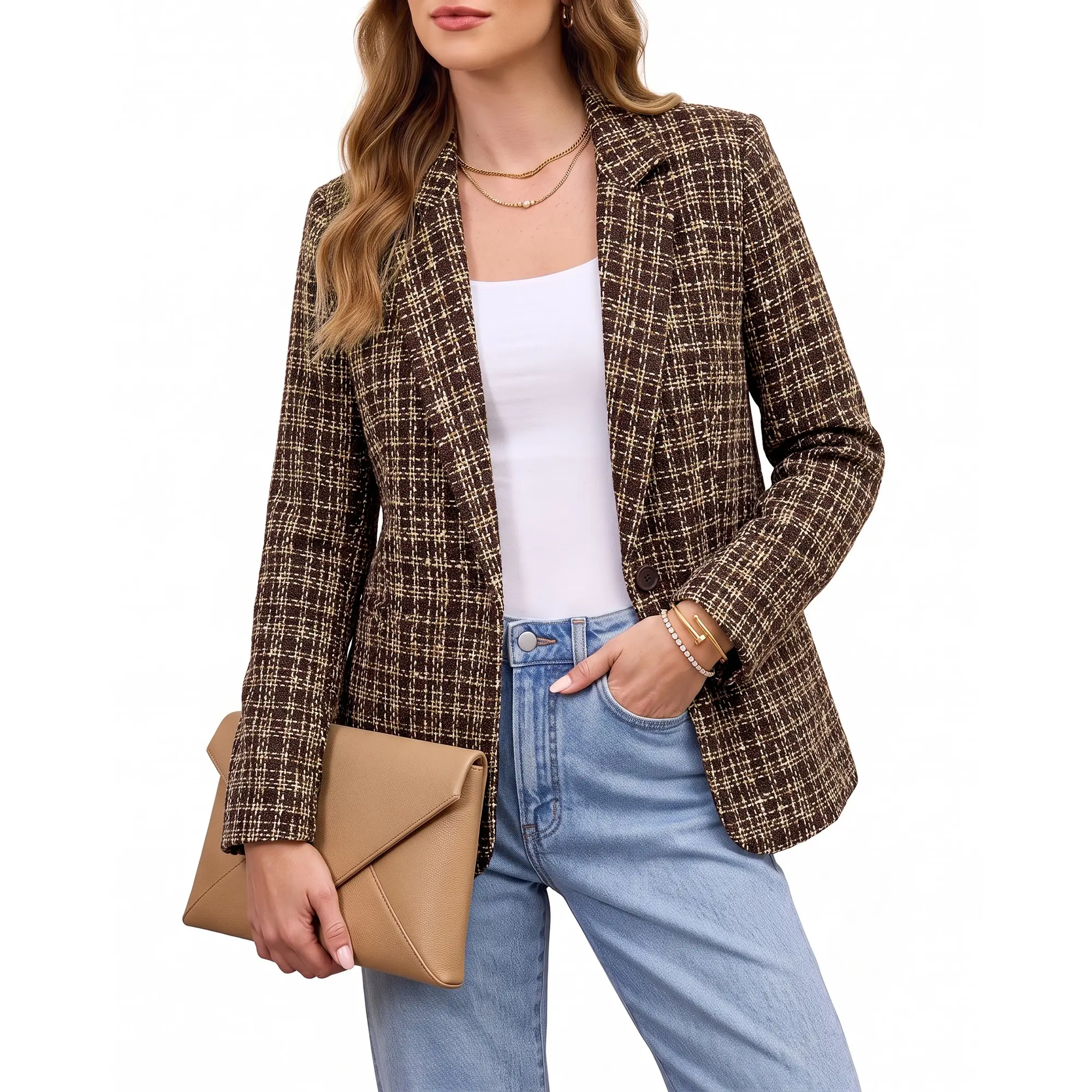 GRAPENT Tweed Blazers for Women Plaid Jacket Long Sleeve Work Casual Blazer | Notched Lapel, Fully Lined, Shoulder Pads, Single Button, 2 Pockets, Interview, Office outfits, Business Casual Blazers