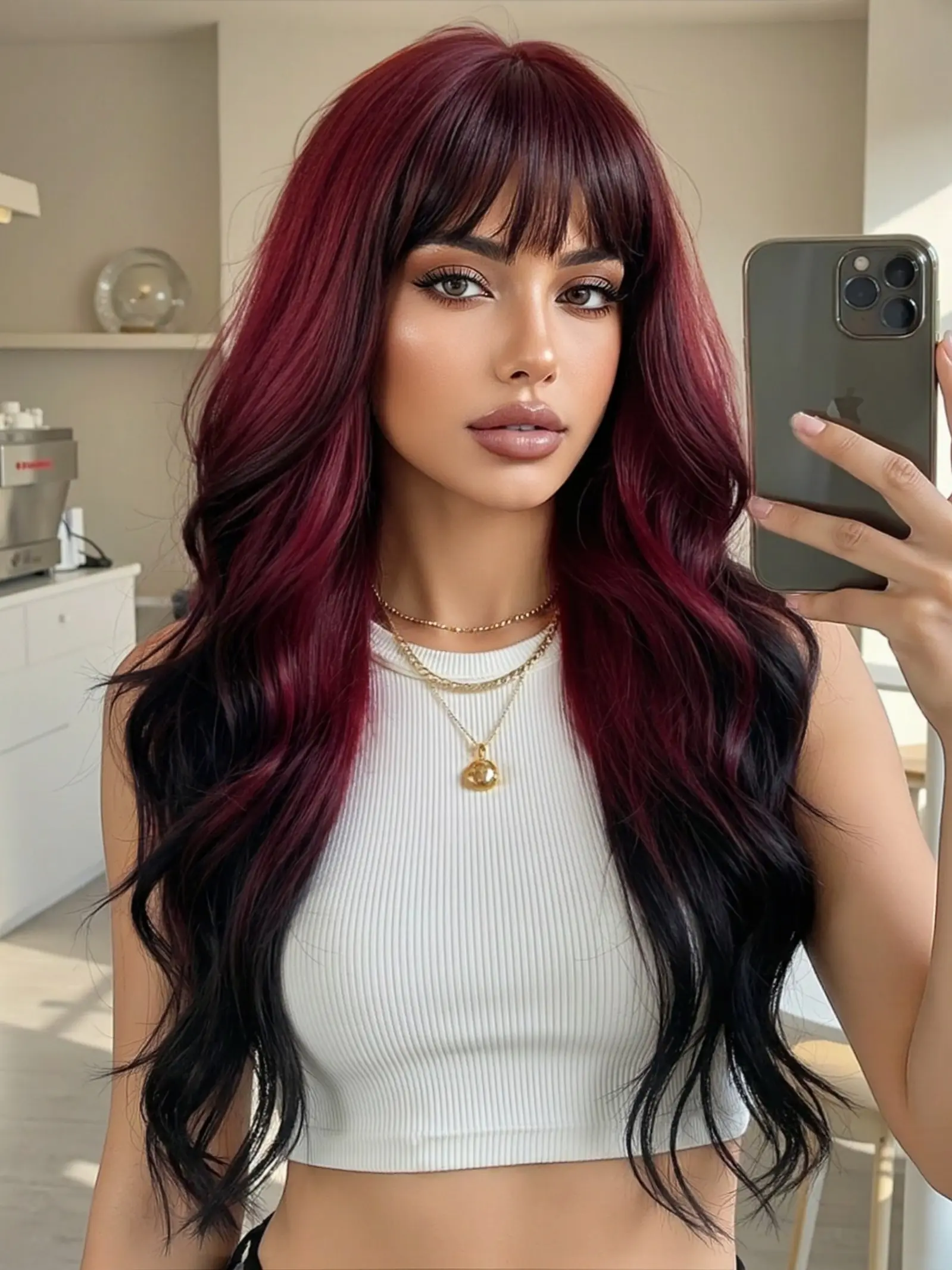 Gradient Wine Long Curly Wig, Vintage Style, Voluminous High Crown, Easy to Wear, Perfect for Daily Use and Photoshoots