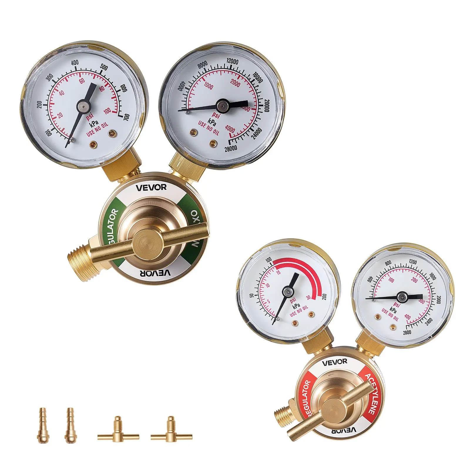 VEVOR Oxygen Acetylene Regulator Set, Oxy-Acetylene Regulators, 0-4000PSI and 0-400PSI Welding Gas Gauges with CGA-540/CGA-200 Inlet Connection 3/8"-24 Outlet Connection, T-Handle Adjustment