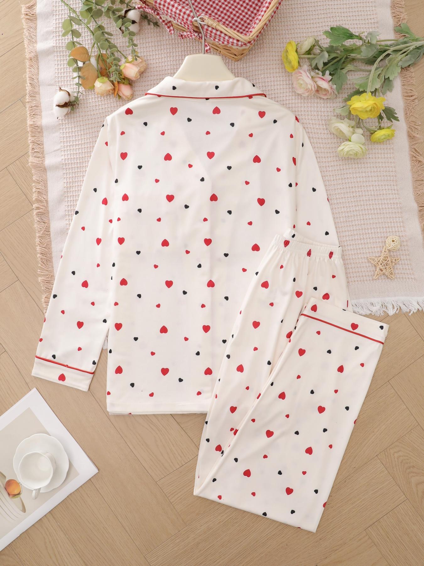 Two-piece Set Women's Heart/ Strawberry Print Pajama Set, Casual Comfy Long Sleeve Lapel Collar Top & Pants Pj Set, Valentine's Day Gift, Ladies Sleepwear for Spring & Fall, Pyjamas