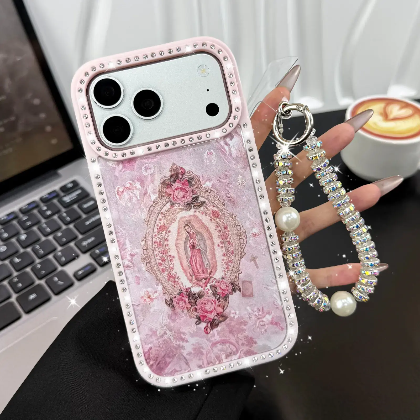 Guadalupe Our Lady Pink Rhinestone Smartphone Case with Pearl Wristlet & Rhinestone Camera Ring for iPhone 17 Pro Max 16 15 Plus 14 13 12 Pro 11, Shockproof Handheld Cellphone Protection Cover, Unique Religious Art Aesthetic Gift for Her, Casing