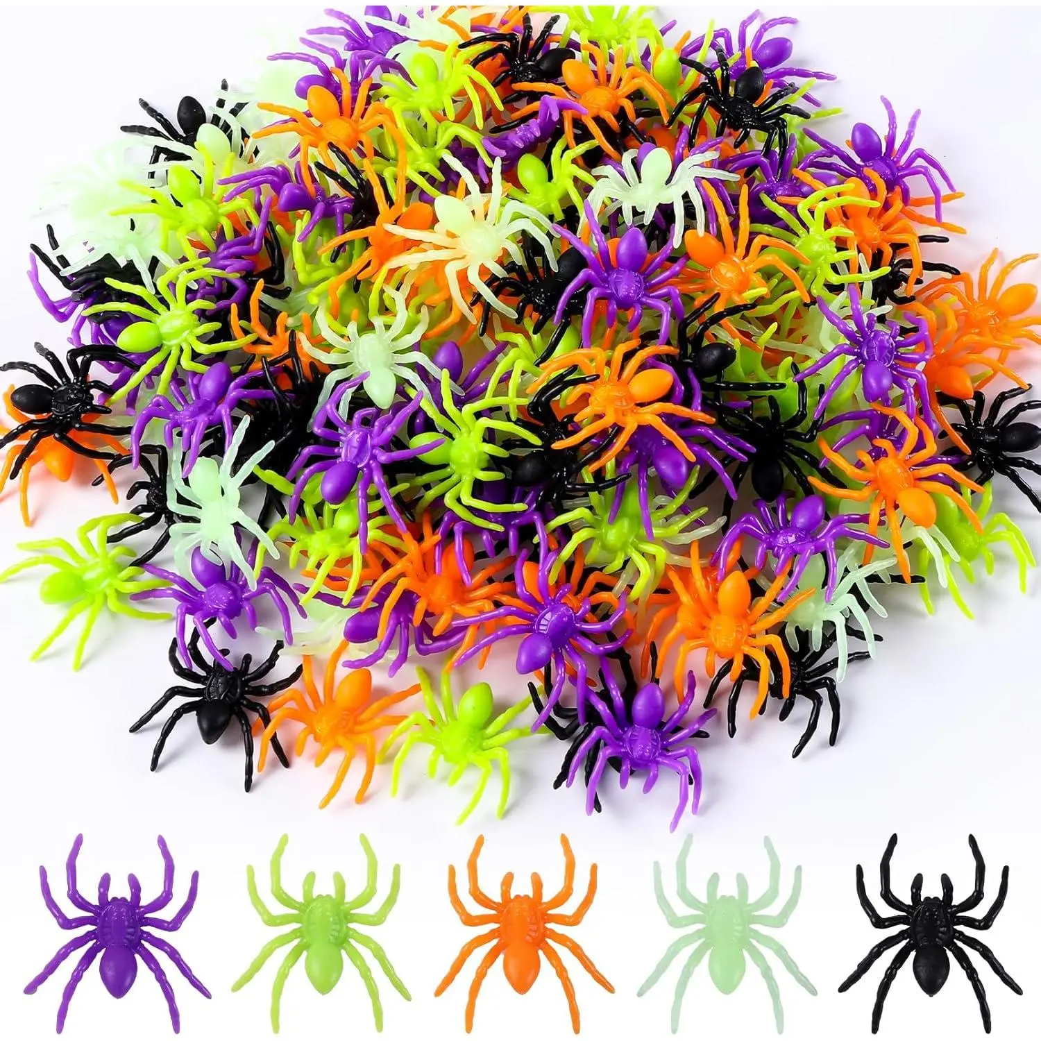 150 PCS Spooky Waterproof Halloween Plastic Spider Ornaments, Small Colorful Glow-in-the-Dark Fake Spider Toys, Prank Props for Halloween Party Supplies Home Decor (5 Colors)